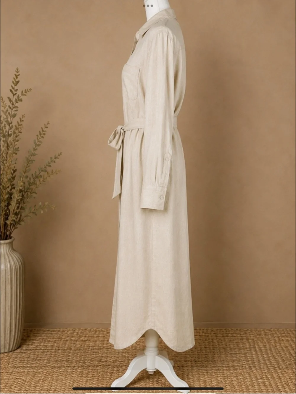 Natural Linen Coastal Maxi Shirtdress Belted Button Front Pockets S/P